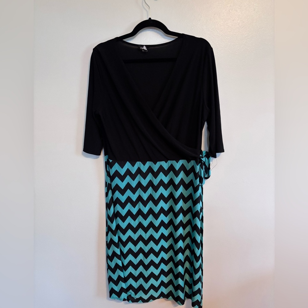 Black and patterned v neck faux wrap dress size large